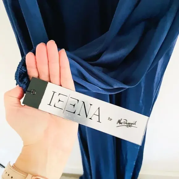 NWT Mac Duggal Blue Plunge Neck Long Sleeve Satin Sheath Gown 2 - Picture 5 of 8